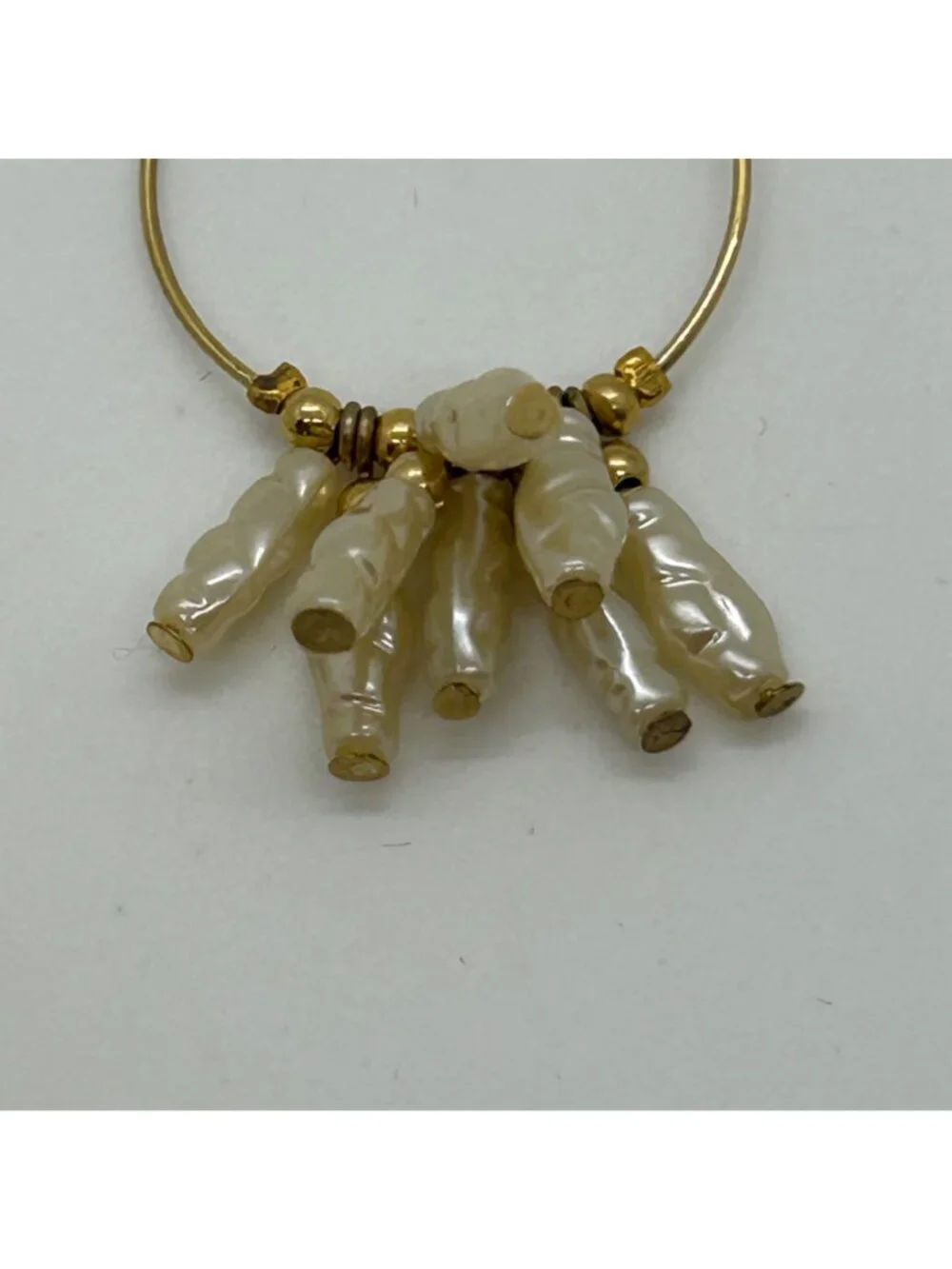 Vintage Gold Tone Hoop Earrings With White Acrylic Stick Pearl Clusters
